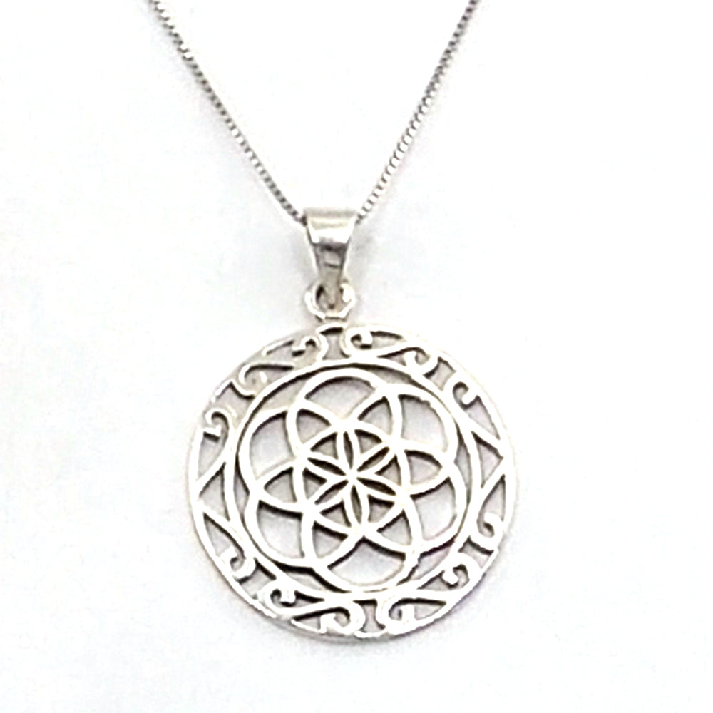 Colgante de plata de ley de semilla de la vida de 30mm aprox. Con cadena de 45cm