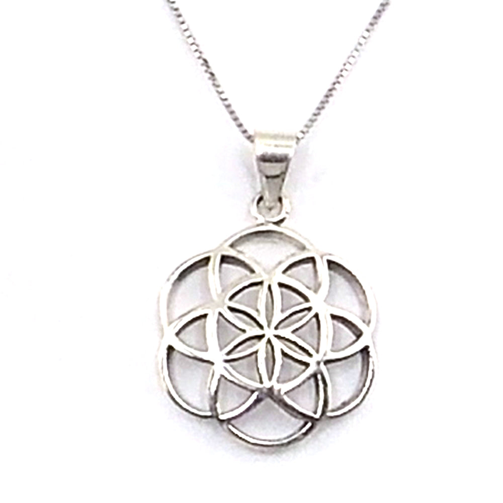 Colgante de plata de ley de semilla de la vida de 25mm aprox. Con cadena de 45cm