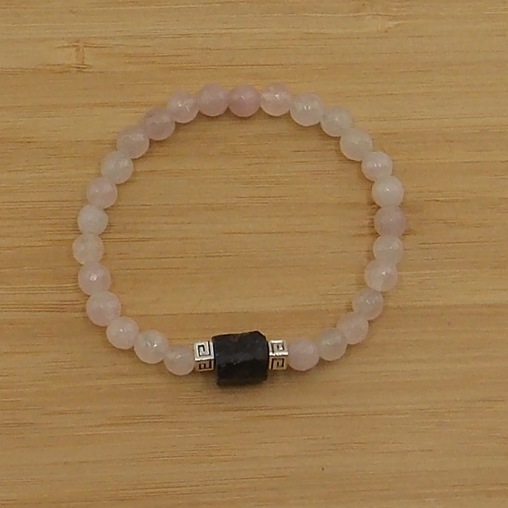 Pulsera de piedra natural de Cuarzo rosa de 6mm con Turmalina