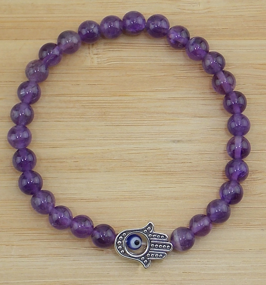 Pulsera de Amatista de 6mm con mano de Fátima