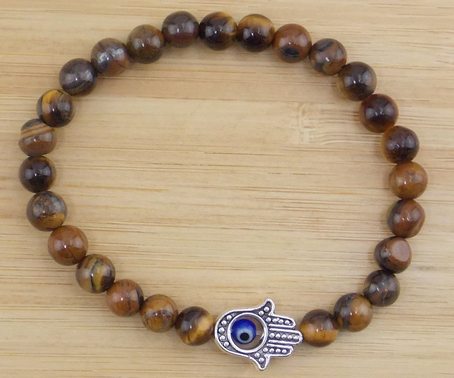 Pulsera de Ojo de tigre de 6mm con mano de Fátima