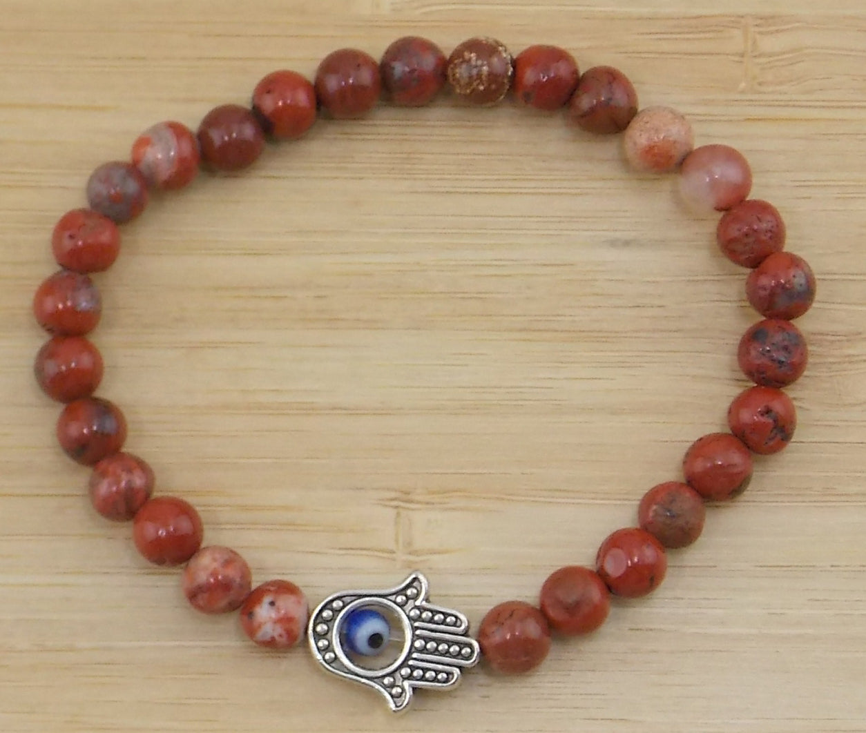 Pulsera de Jaspe rojo de 6mm con mano de Fátima