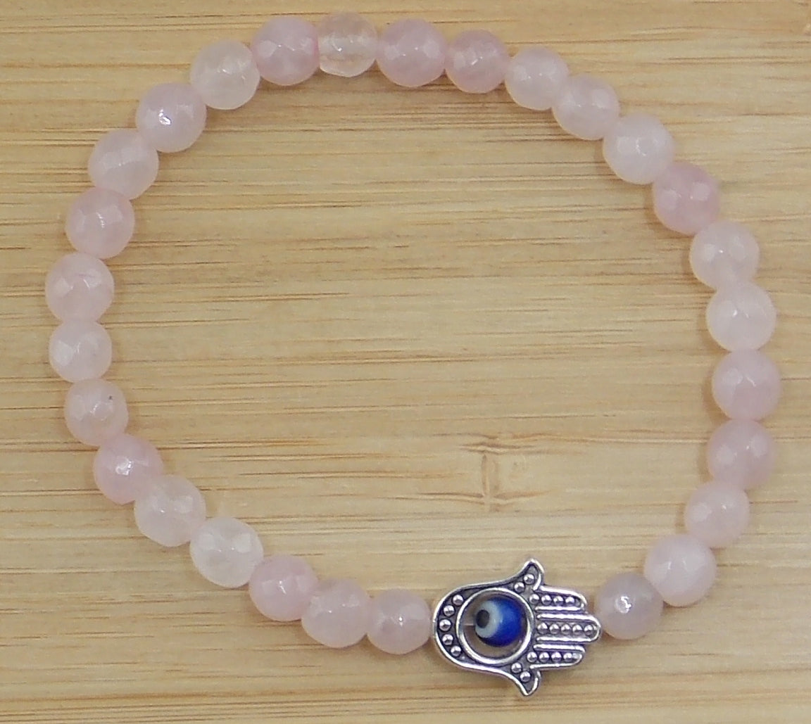 Pulsera de Cuarzo rosa de 6mm con mano de Fátima