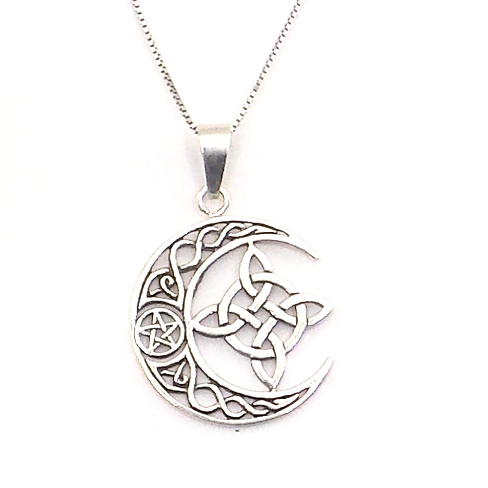 Colgante de plata de ley de luna y Nudo de bruja de 32x28mm aprox. Con cadena de 45cm