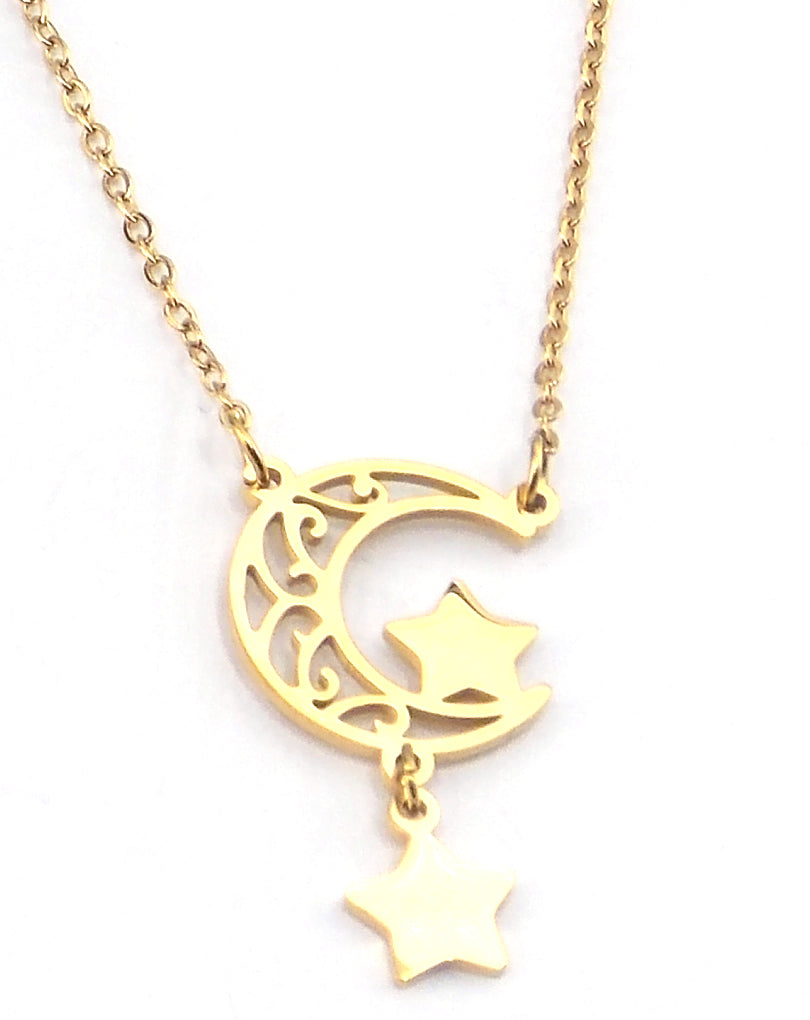 Colgante de acero en forma de luna con estrellas (dorado)