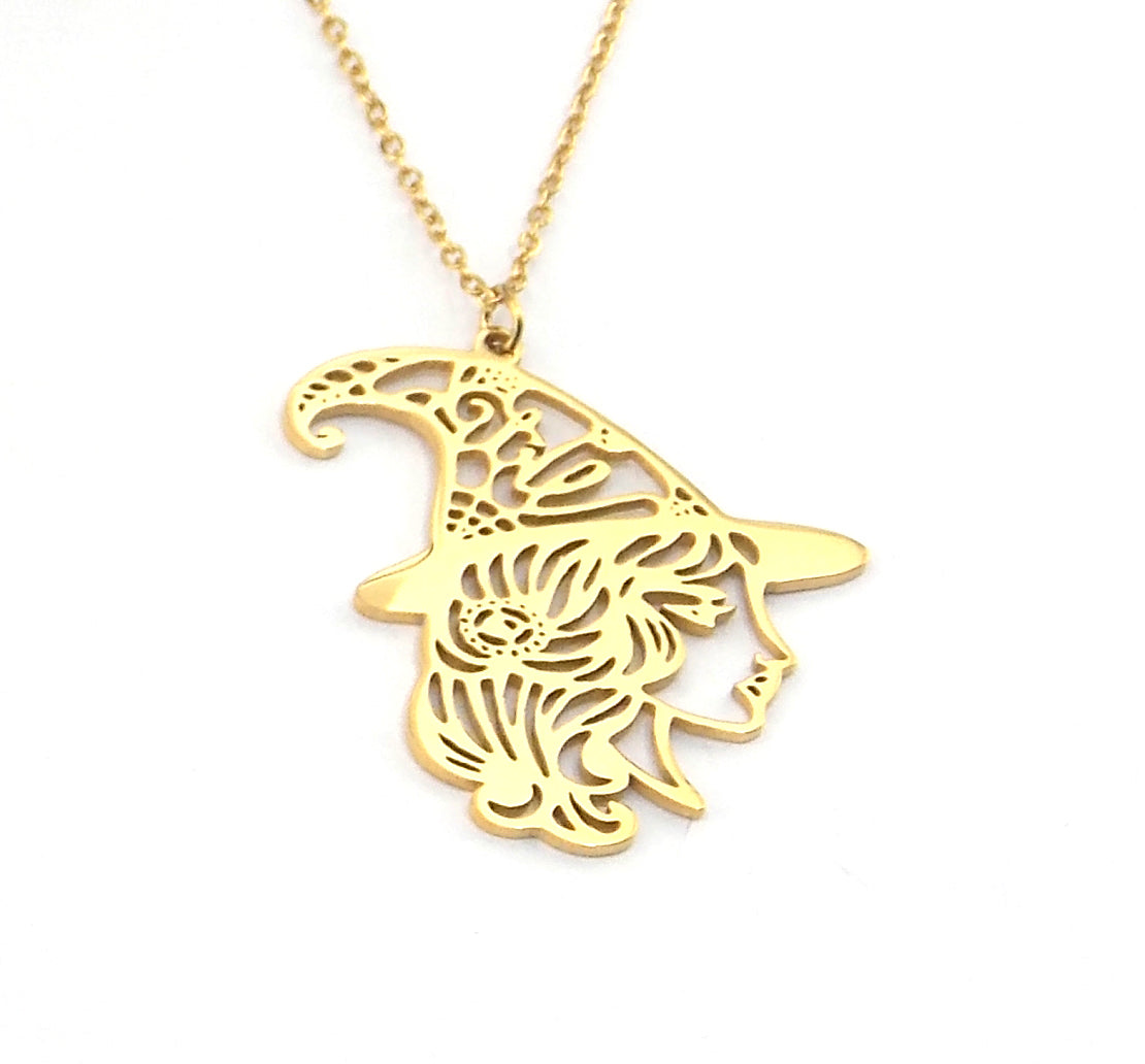 Colgante de acero en forma de bruja (dorado)