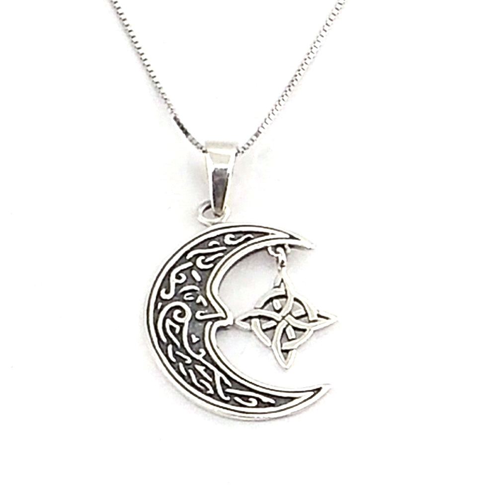Colgante de plata de ley de Nudo de bruja y Luna de 31x25mm aprox. Con cadena de 45cm