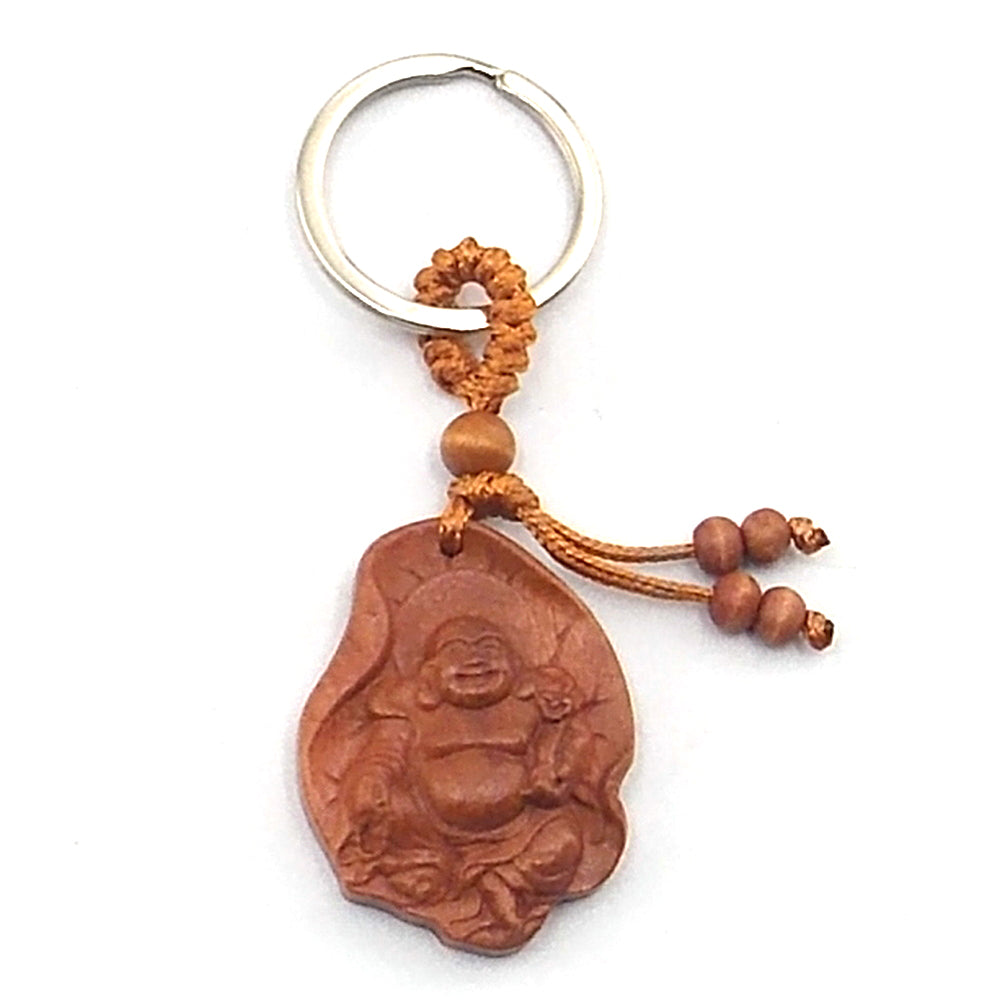 Llavero de madera de buda feliz