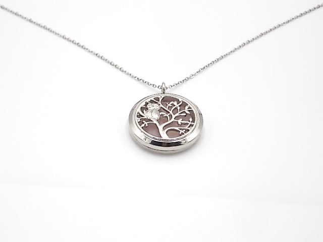Colgante con motivo de Búho en árbol de la vida con una piedra de Cuarzo rosa