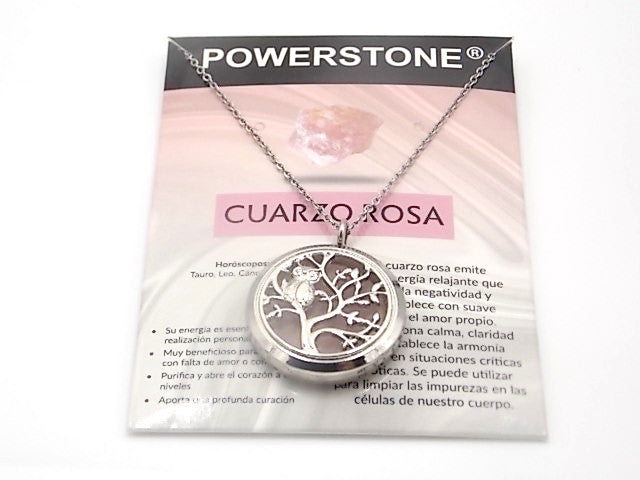 Colgante con motivo de Búho en árbol de la vida con una piedra de Cuarzo rosa