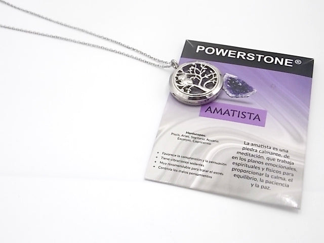 Colgante con motivo de Búho en árbol de la vida con una piedra de Amatista