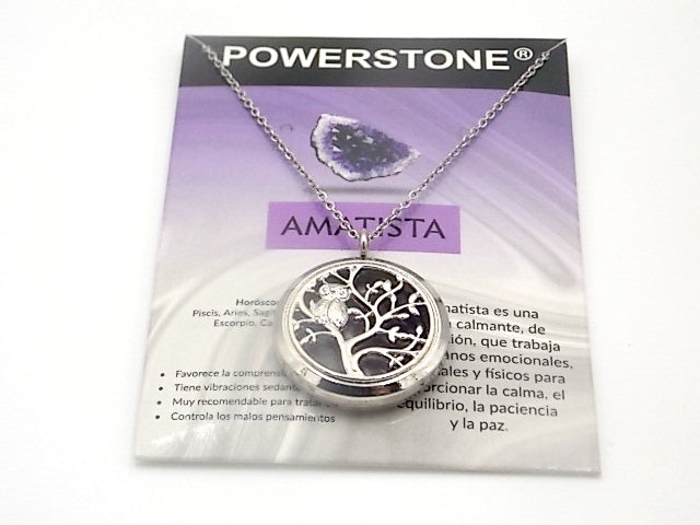 Colgante con motivo de Búho en árbol de la vida con una piedra de Amatista