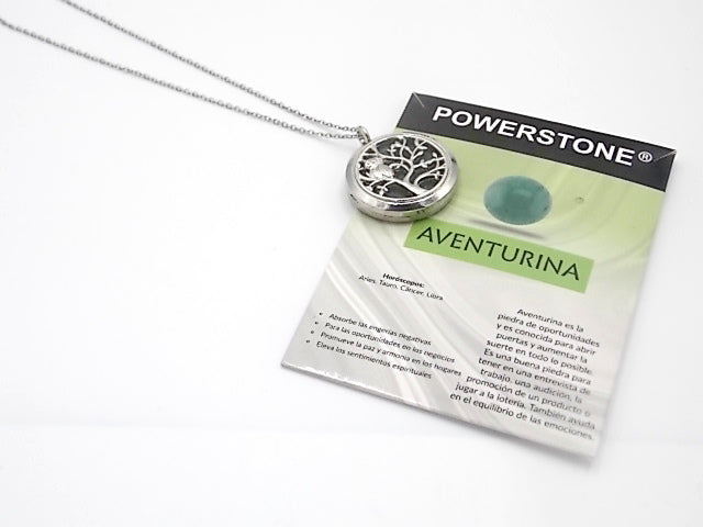 Colgante con motivo de Búho en árbol de la vida con una piedra de Venturina verde