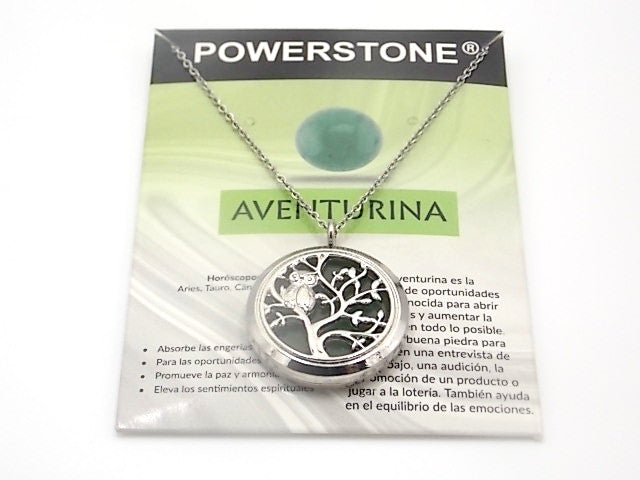 Colgante con motivo de Búho en árbol de la vida con una piedra de Venturina verde