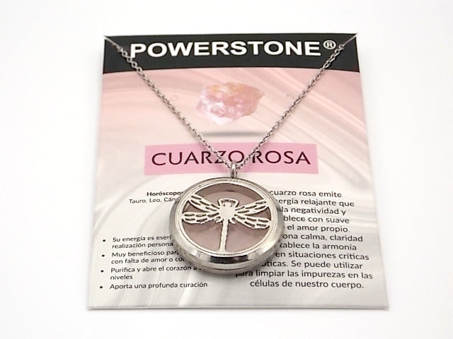 Colgante con motivo de Libélula con una piedra de Cuarzo rosa