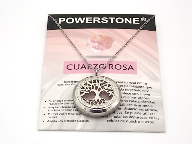 Colgante con motivo de Árbol de la vida con una piedra de Cuarzo rosa