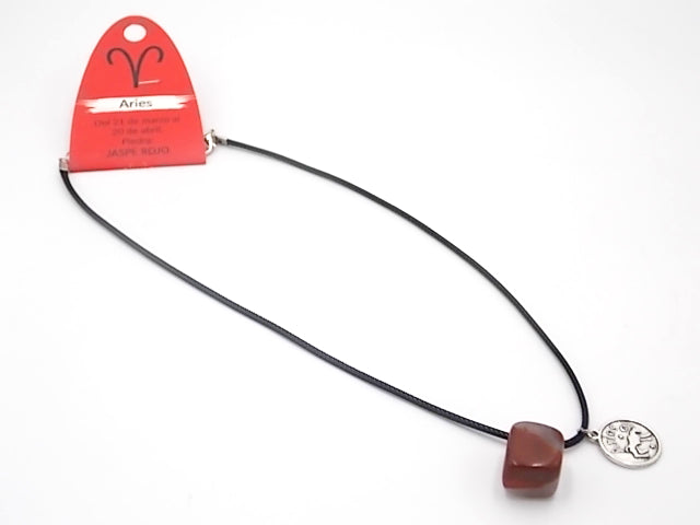 Colgante con piedra natural de Jaspe rojo y medalla del signo Aries