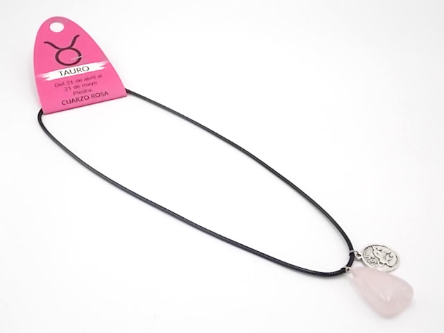 Colgante con piedra natural de Cuarzo rosa y medalla del signo Tauro