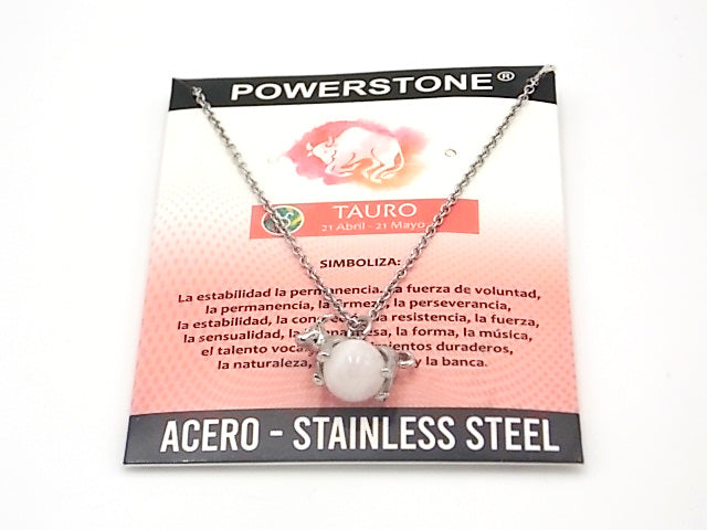 Colgante de Signo del zodiaco Tauro con piedra de Cuarzo rosa con Cadena de Acero Inoxidable.