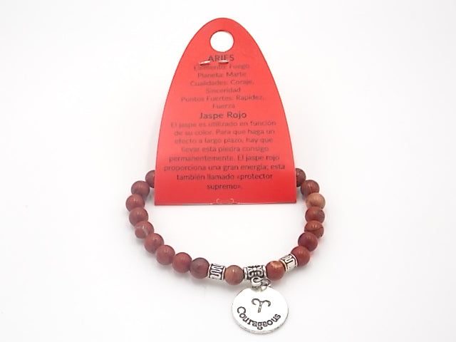 Pulsera de piedra natural de Jaspe rojo de 6mm con medalla del Signo Aries