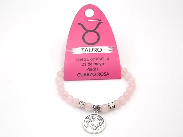 Pulsera de piedra natural de Cuarzo rosa de 6mm con medalla del Signo Tauro