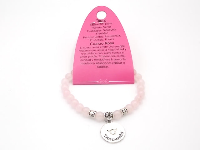 Pulsera de piedra natural de Cuarzo rosa de 6mm con medalla del Signo Tauro