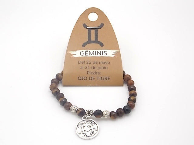 Pulsera de piedra natural de Ojo de tigre de 6mm con medalla del Signo Géminis