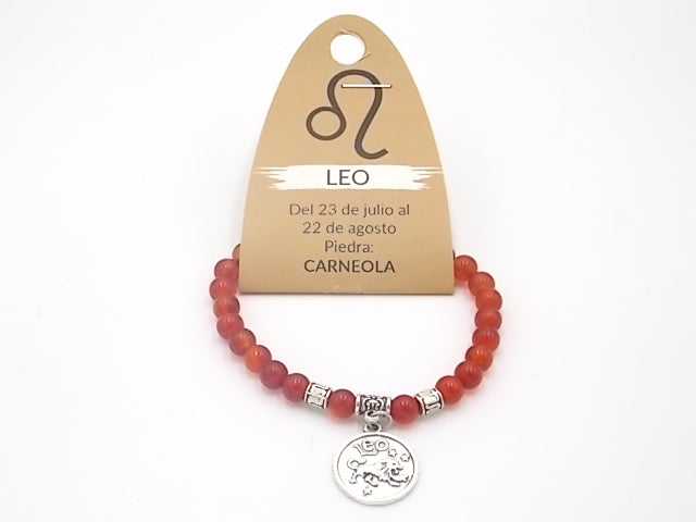 Pulsera de piedra natural de Carneola de 6mm con medalla del Signo Leo