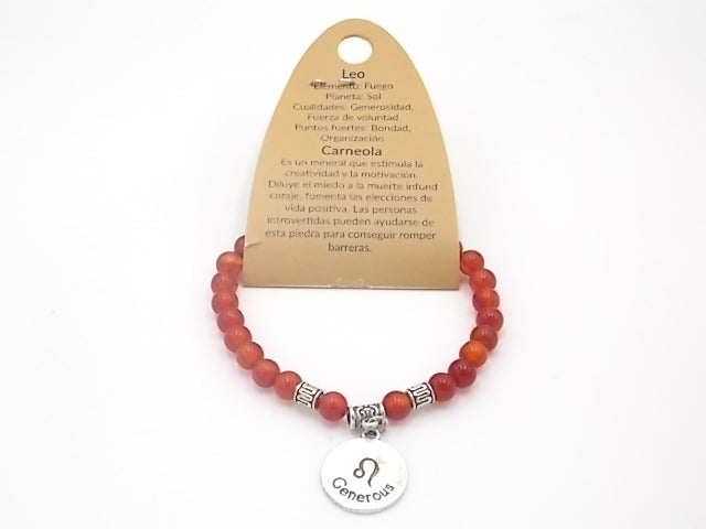 Pulsera de piedra natural de Carneola de 6mm con medalla del Signo Leo