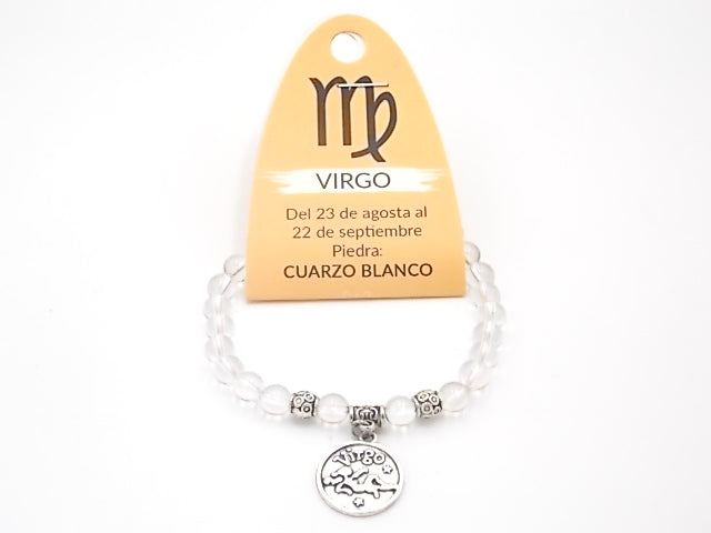 Pulsera de piedra natural de Cuarzo blanco de 6mm con medalla del Signo Virgo