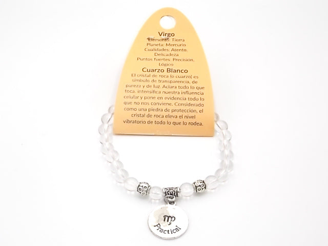 Pulsera de piedra natural de Cuarzo blanco de 6mm con medalla del Signo Virgo