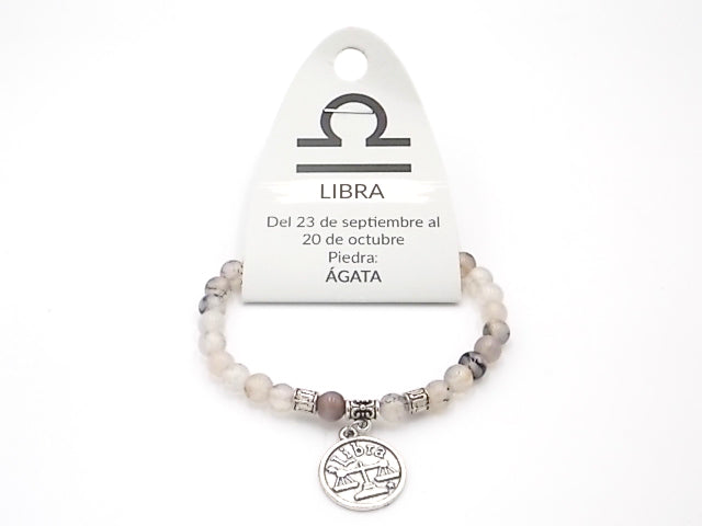 Pulsera de piedra natural de Ágata de 6mm con medalla del Signo Libra
