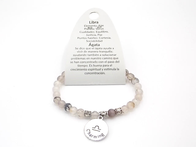 Pulsera de piedra natural de Ágata de 6mm con medalla del Signo Libra