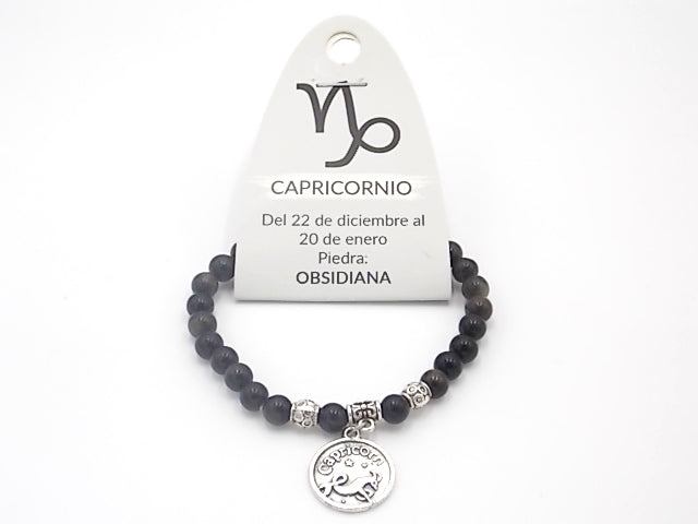 Pulsera de piedra de natural de Obsidiana de 6mm con medalla del Signo Capricornio