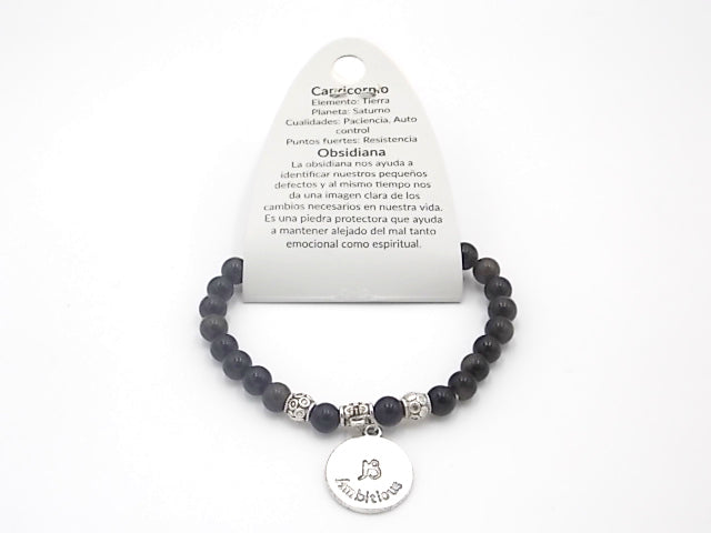 Pulsera de piedra de natural de Obsidiana de 6mm con medalla del Signo Capricornio