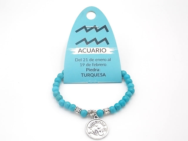 Pulsera de piedra natural de Turquesa de 6mm con medalla del Signo Acuario