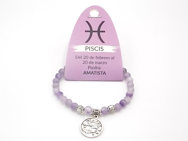 Pulsera de piedra natural de Amatista de 6mm con medalla del Signo Piscis
