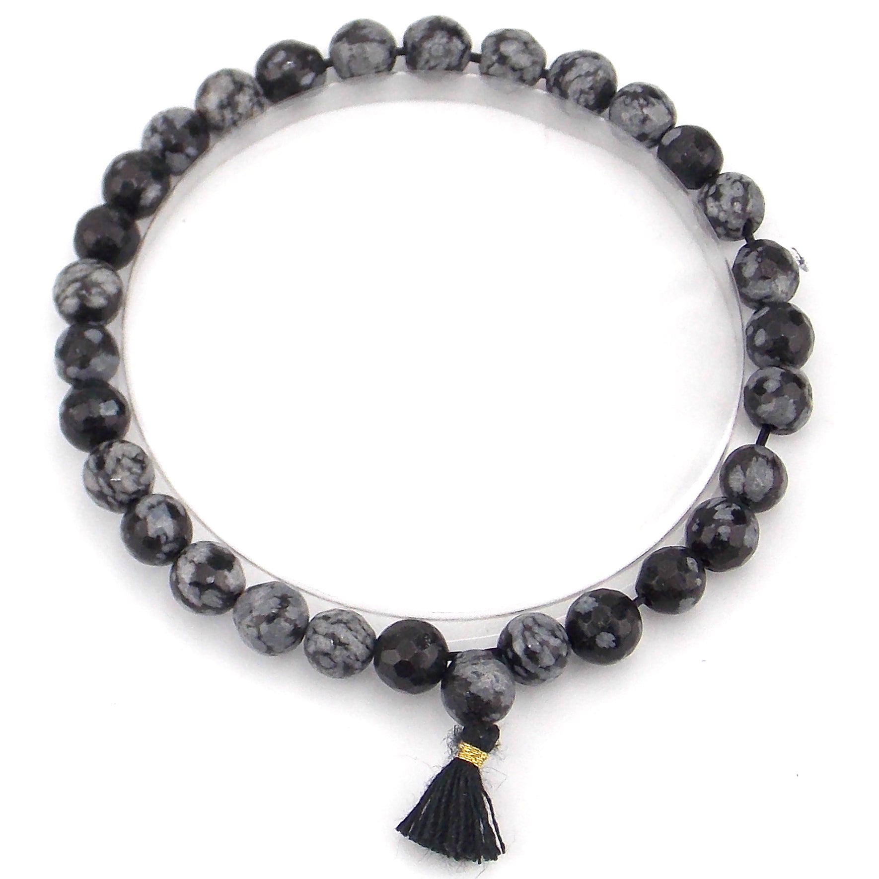 Pulsera de piedra natural de Obsidiana nevada facetada de 6mm con borla