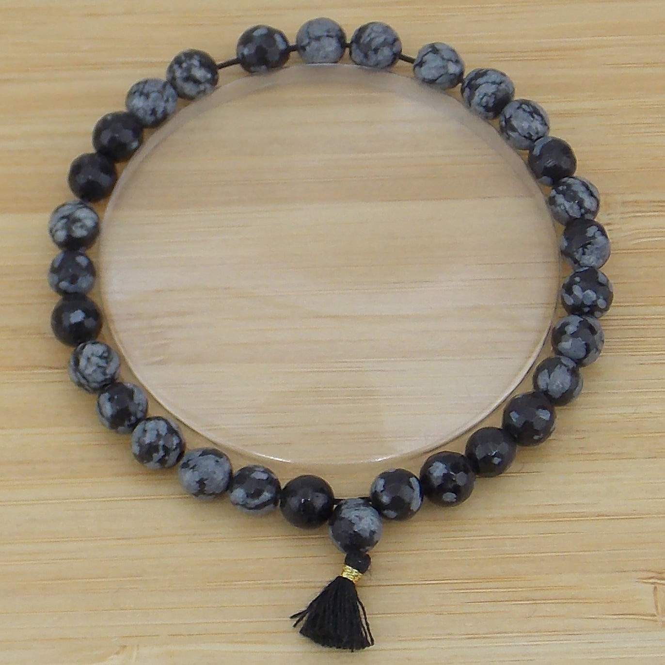 Pulsera de piedra natural de Obsidiana nevada facetada de 6mm con borla