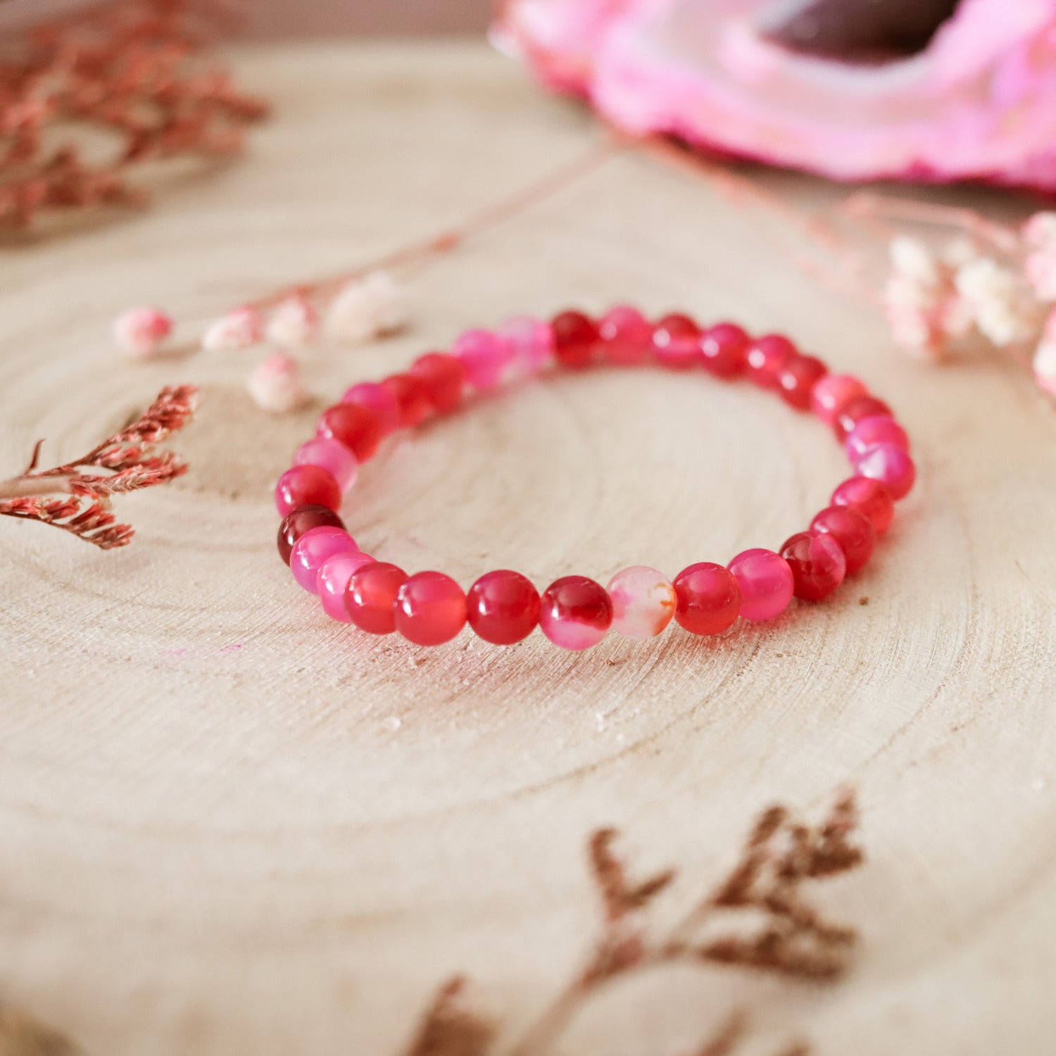 Pulsera de piedra natural de Ágata fuchsia de 6mm