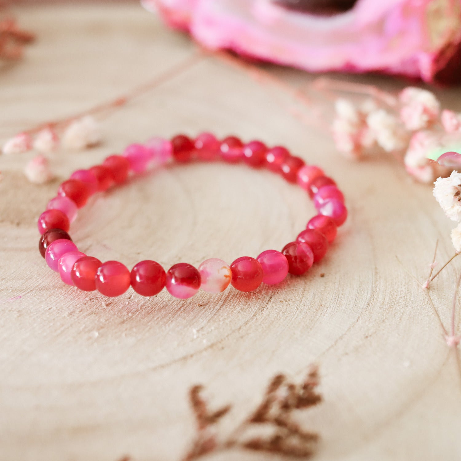 Pulsera de piedra natural de Ágata fuchsia de 6mm