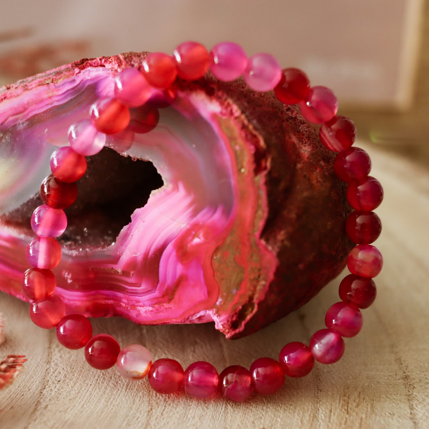 Pulsera de piedra natural de Ágata fuchsia de 6mm