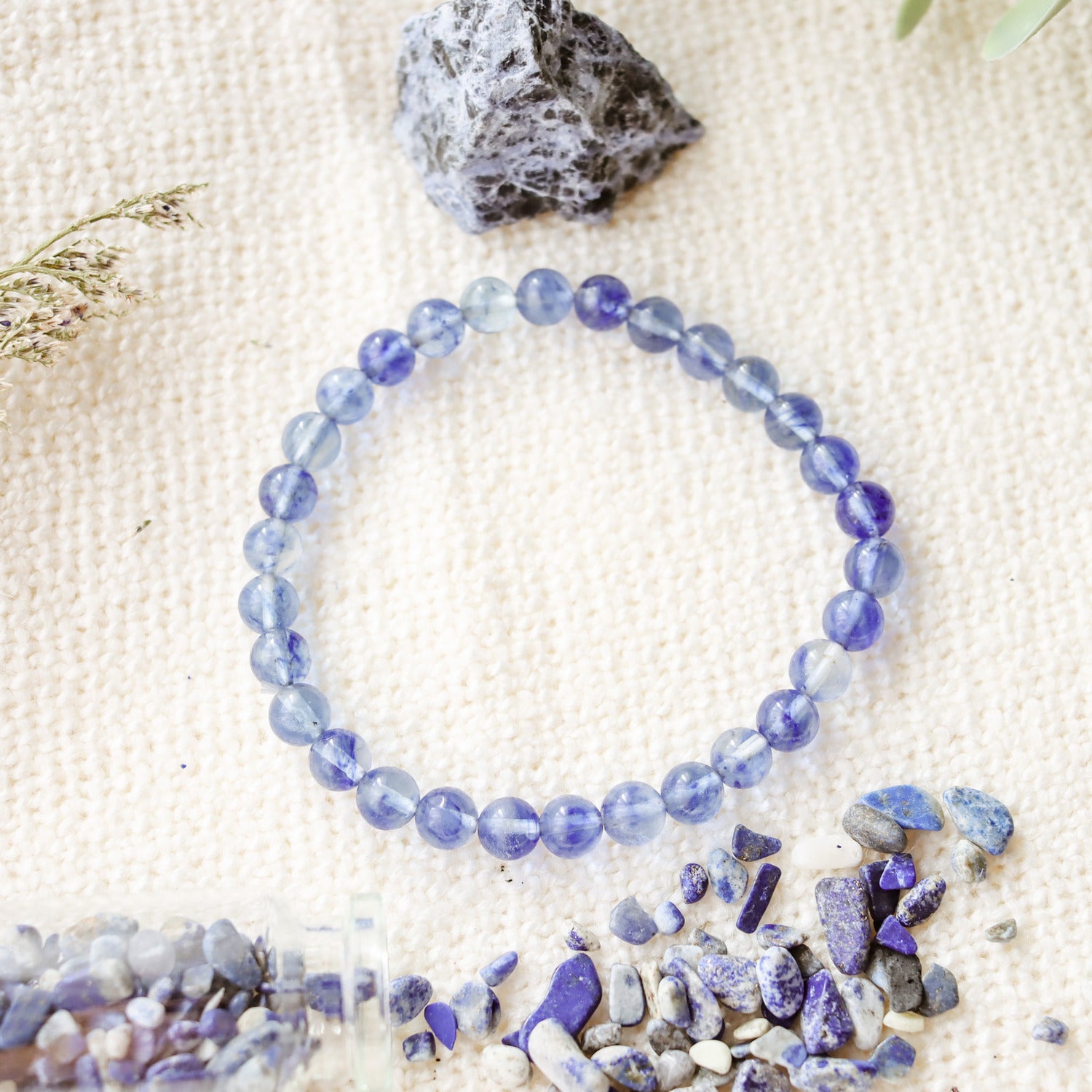 Pulsera de piedra natural de Cuarzo azul rutilado de 6mm