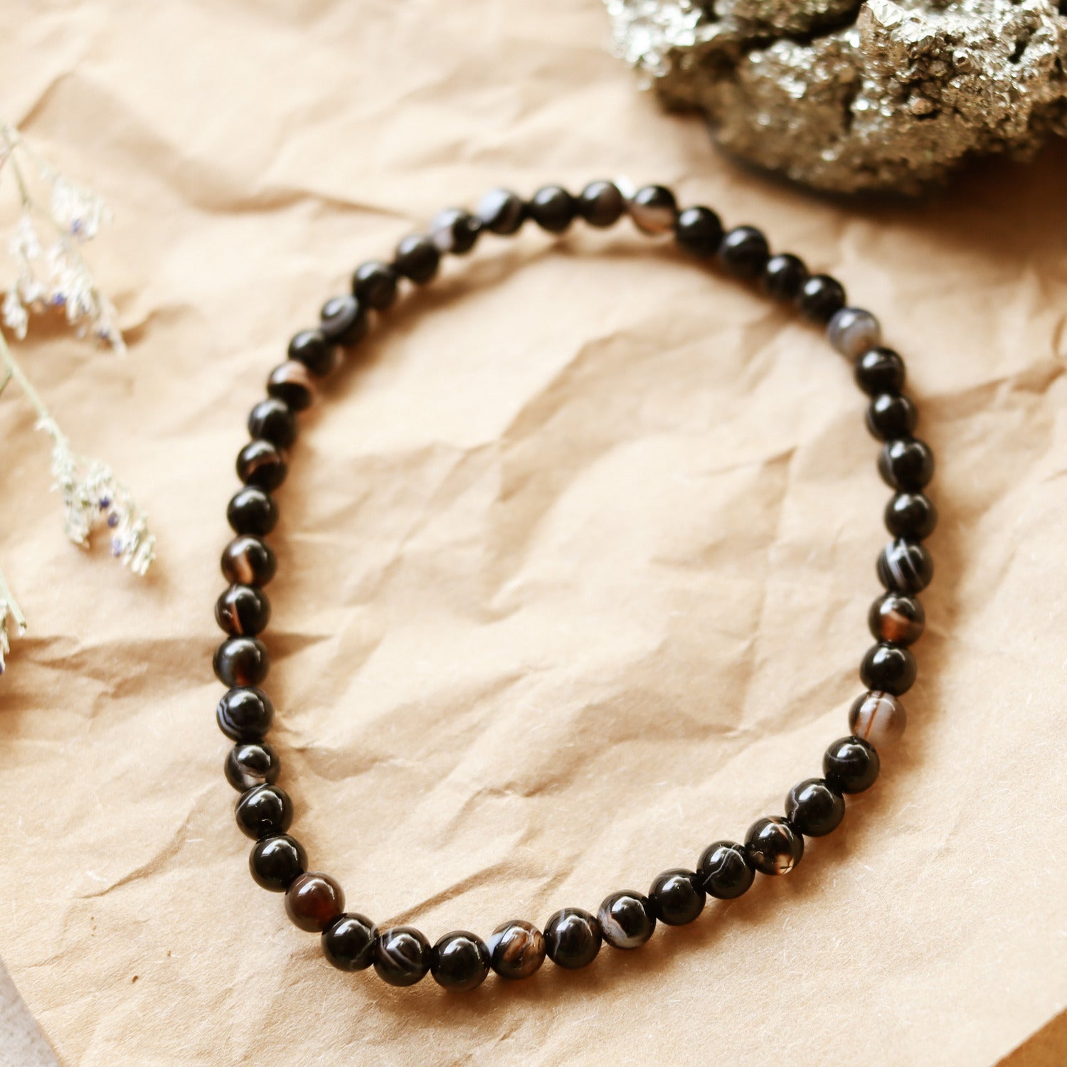 Pulsera de piedra natural de Ágata negra de 4mm