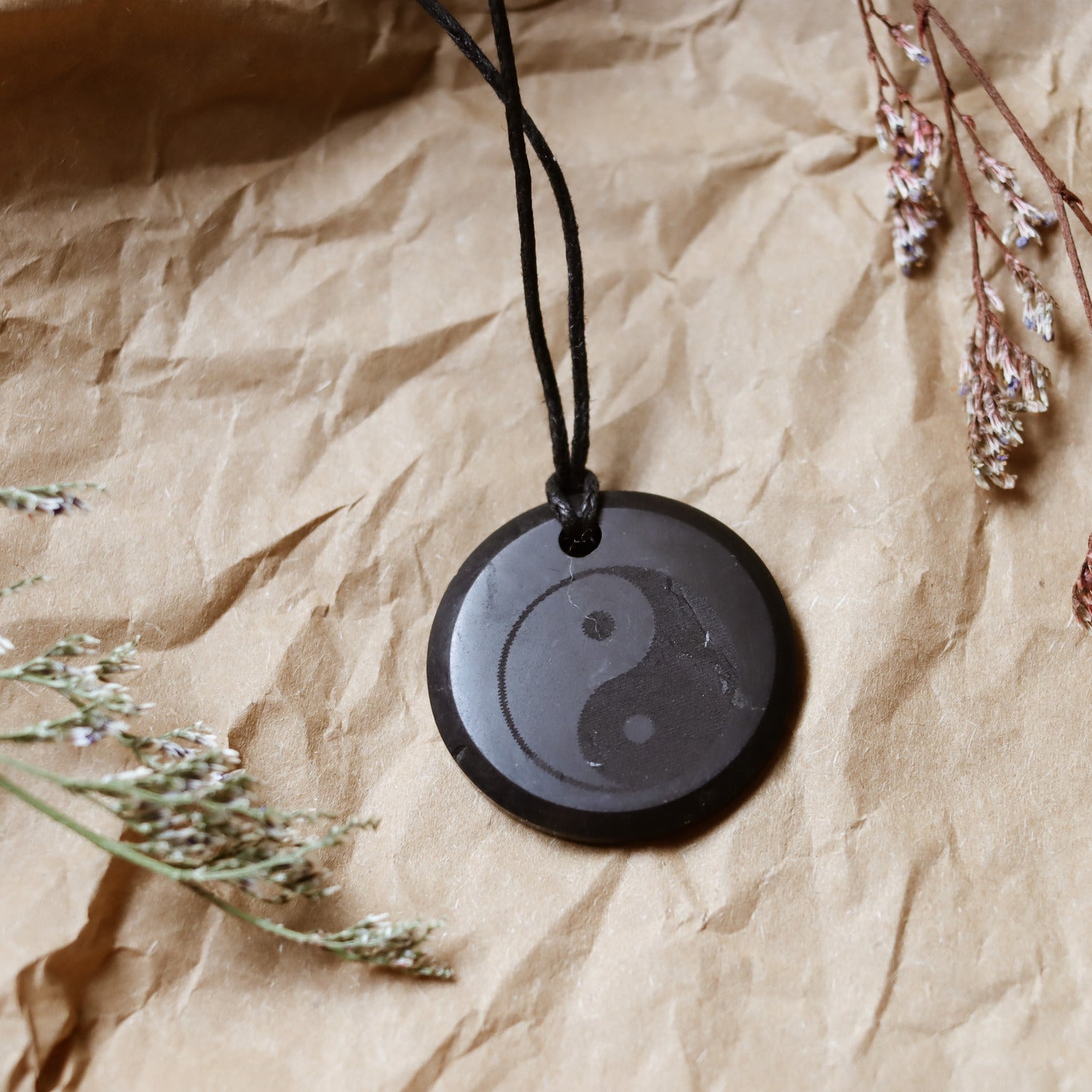 Colgante de Shungita de 30mm con grabado de Yin-Yang