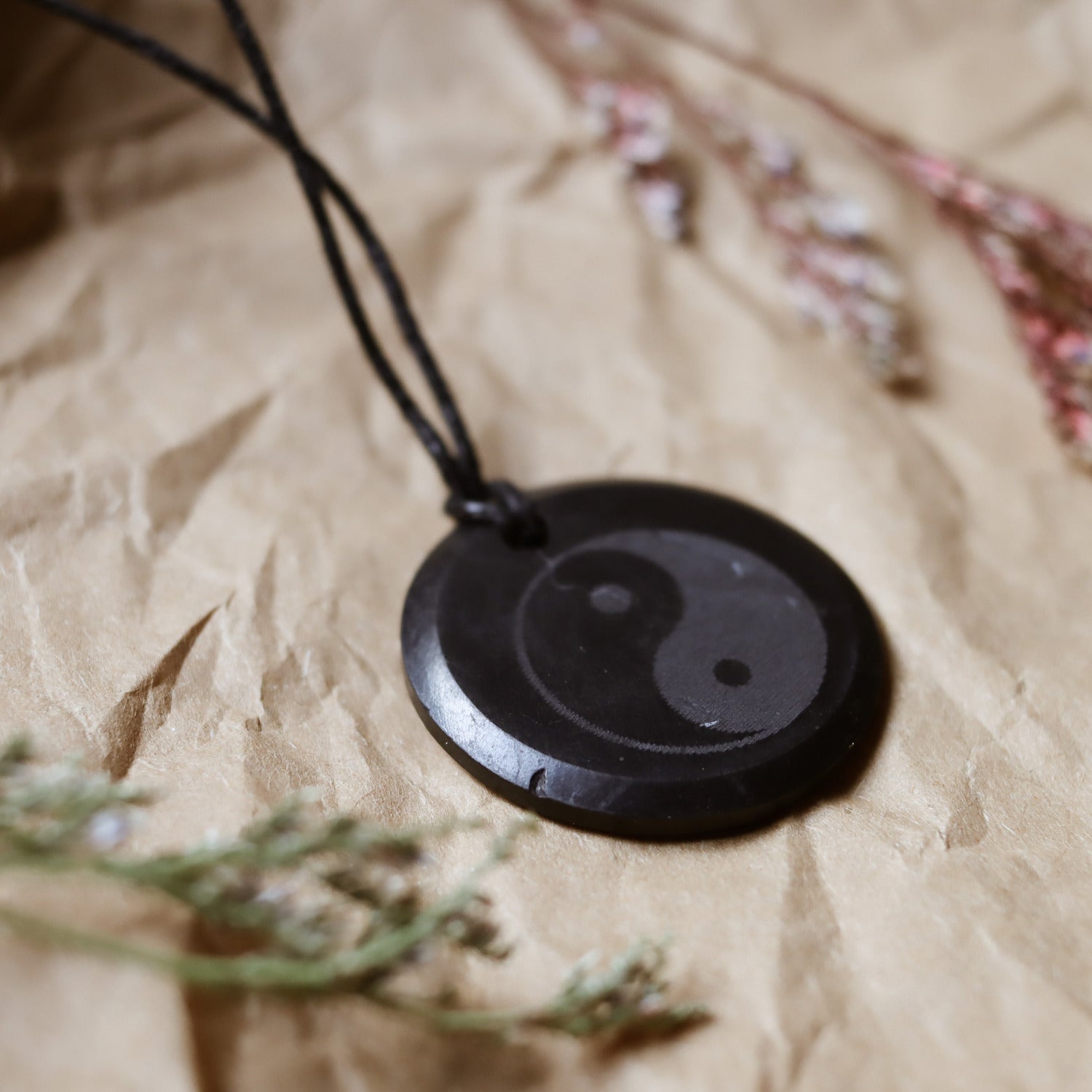 Colgante de Shungita de 30mm con grabado de Yin-Yang