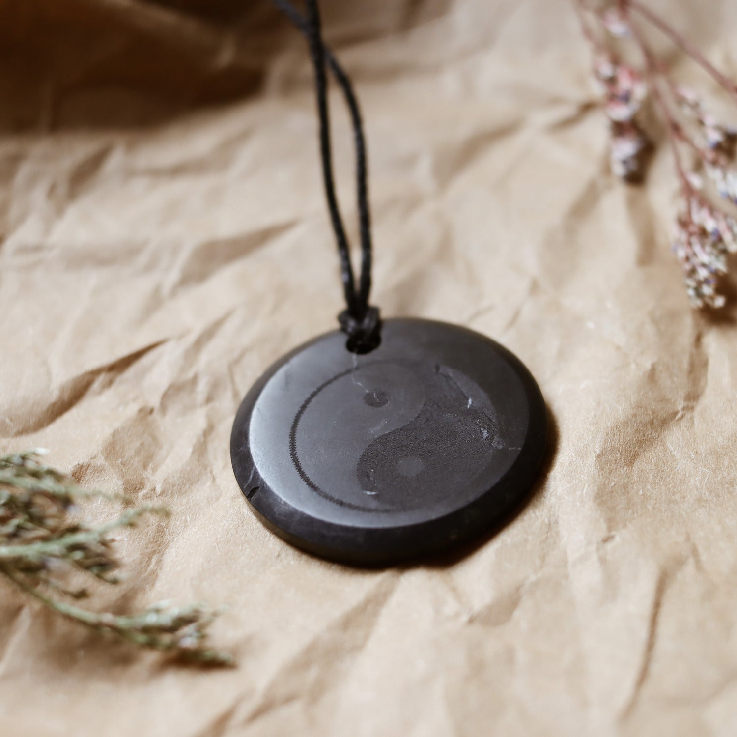 Colgante de Shungita de 30mm con grabado de Yin-Yang