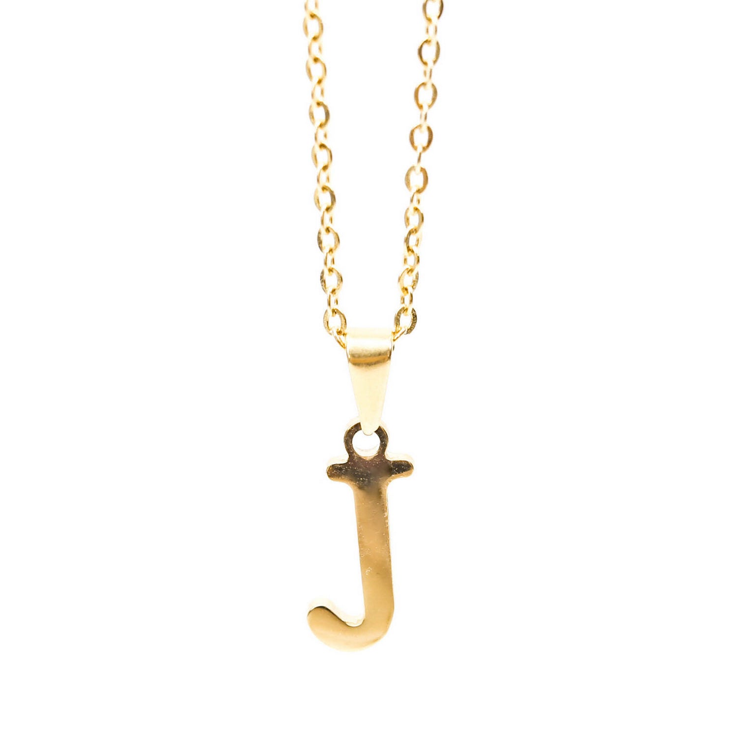 Colgante de acero inoxidable dorado con forma de letra J de 20mm