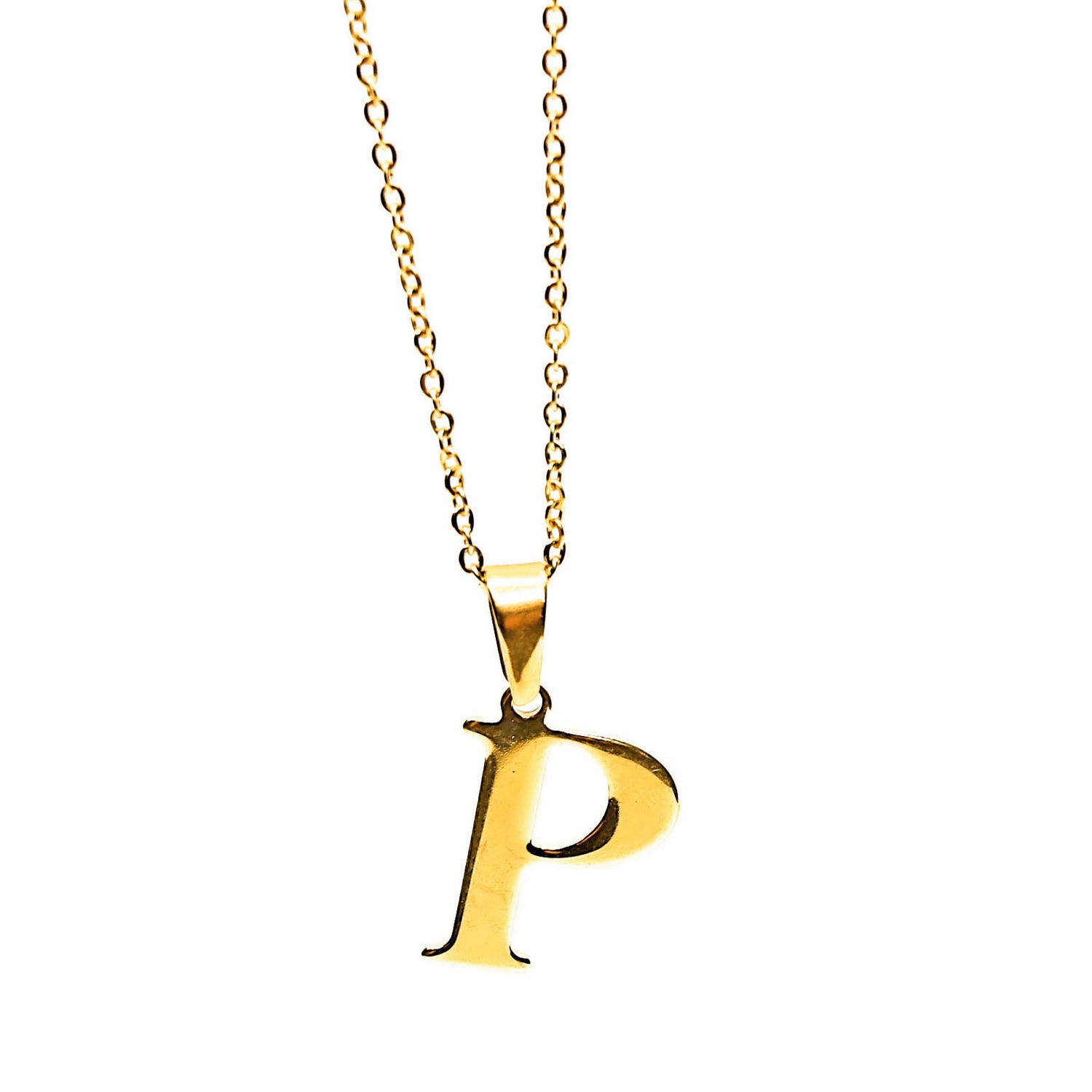 Colgante de acero inoxidable dorado con forma de letra P de 28mm