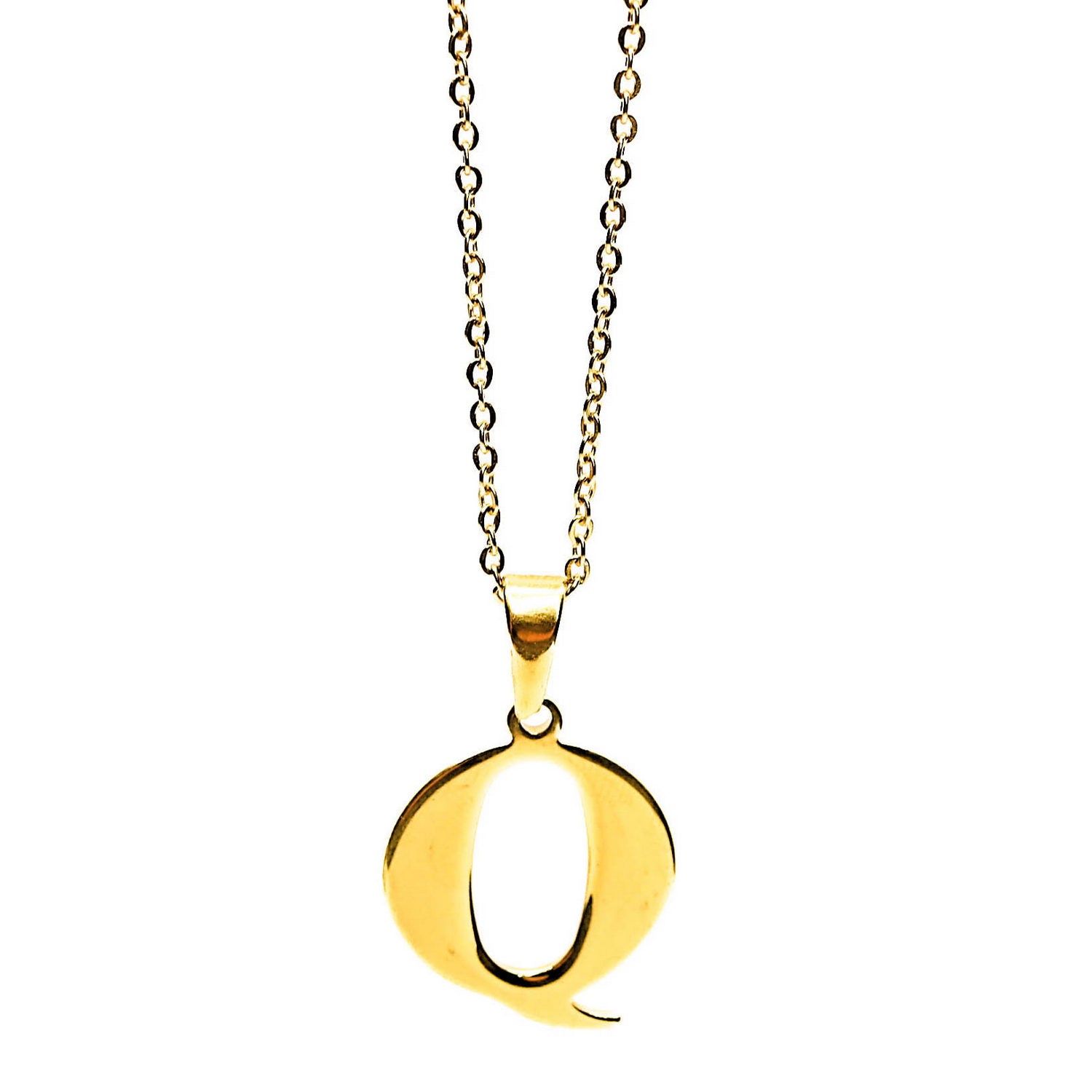 Colgante de acero inoxidable dorado con forma de letra Q de 28mm
